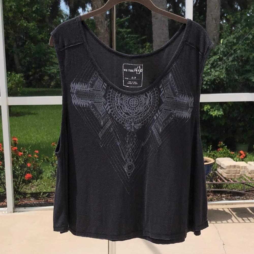 Free People Sleeveless Rayon/Linen Print Top - Charcoal Gray - Roomy Sz. S. EUC - Picture 2 of 9